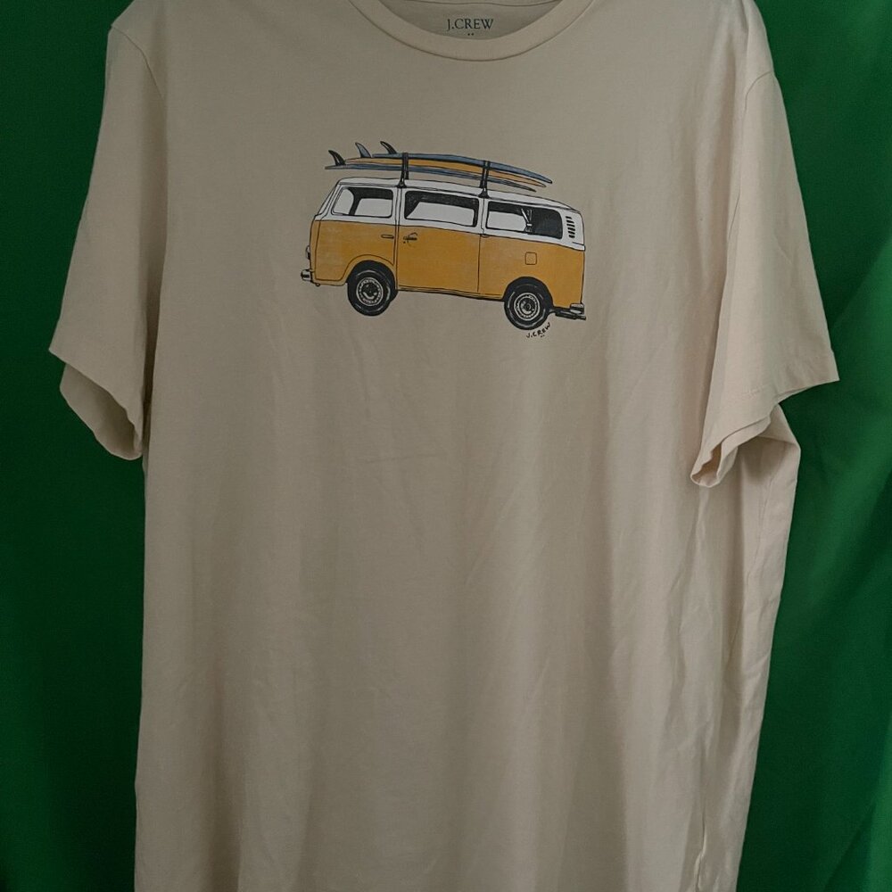J. Crew Yellow All Cotton Shirt w/ Vintage VW Bus Surfboard Design LG Cotton